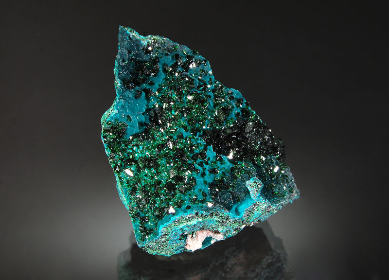 2496 Libethenite on pseudomalachite, Nchanga Mine, Zambia.JPG