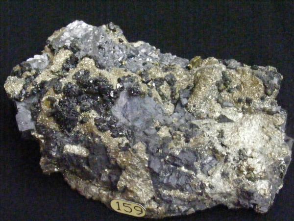 159-4 Sphalerite, Chalcopyrite on Marcasite,  base Galena, Cavnic Mine, Romania.JPG