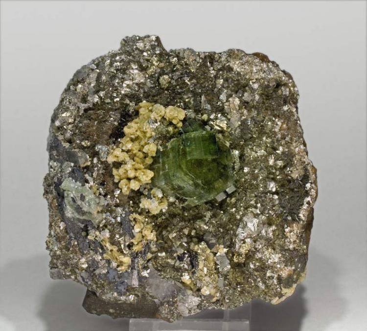 Fluorapatite with Siderite, Arsenopyrite, Pyrite, Ferberite, Schorl, Dravite, Muscovite, Quartz and Calcite - Panasqueira_Portugal.jpg