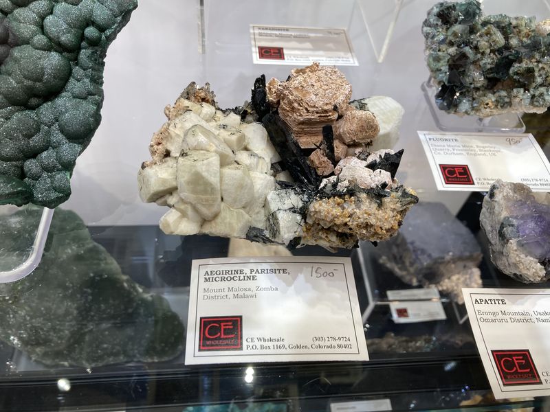 Aegirine, Parisite, Microcline, Mount Malosa, Malawi.JPG